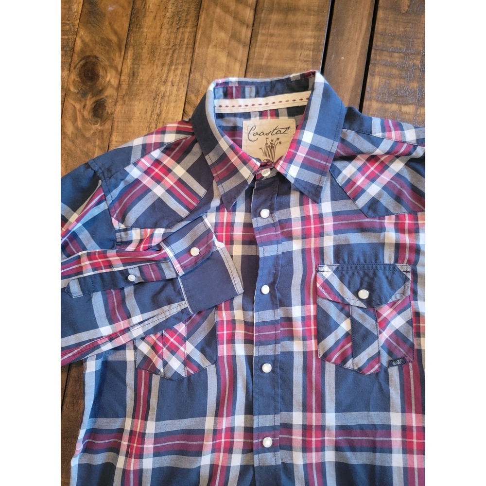 Coastal Plaid Western Shirt Mens Large Navy Red Pearl Snap Long Sleeve Excellent